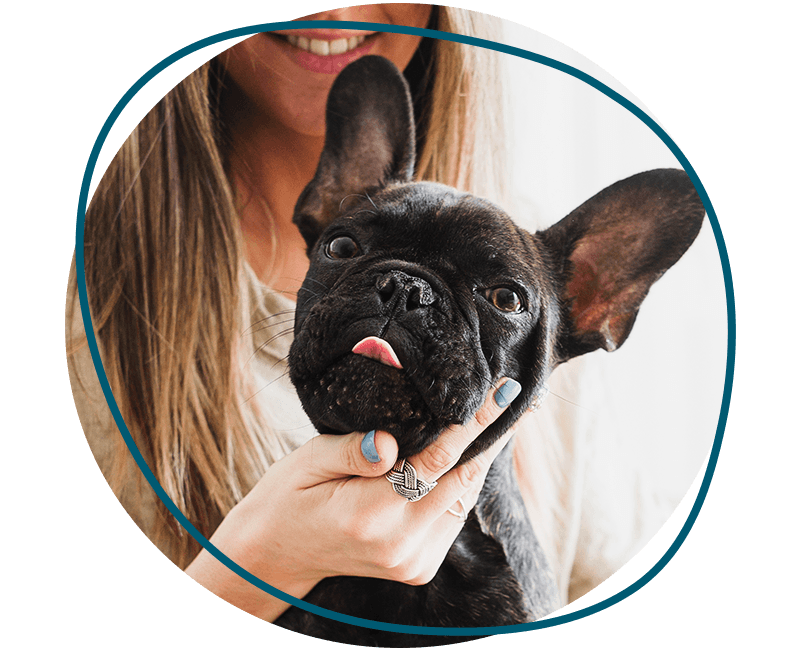 smiling young woman hugging her french bulldog